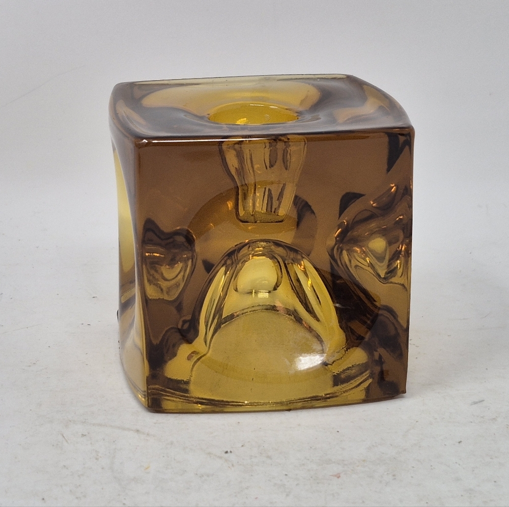 Amber Glass Cube Candle Holder Circle Dimples On Sides